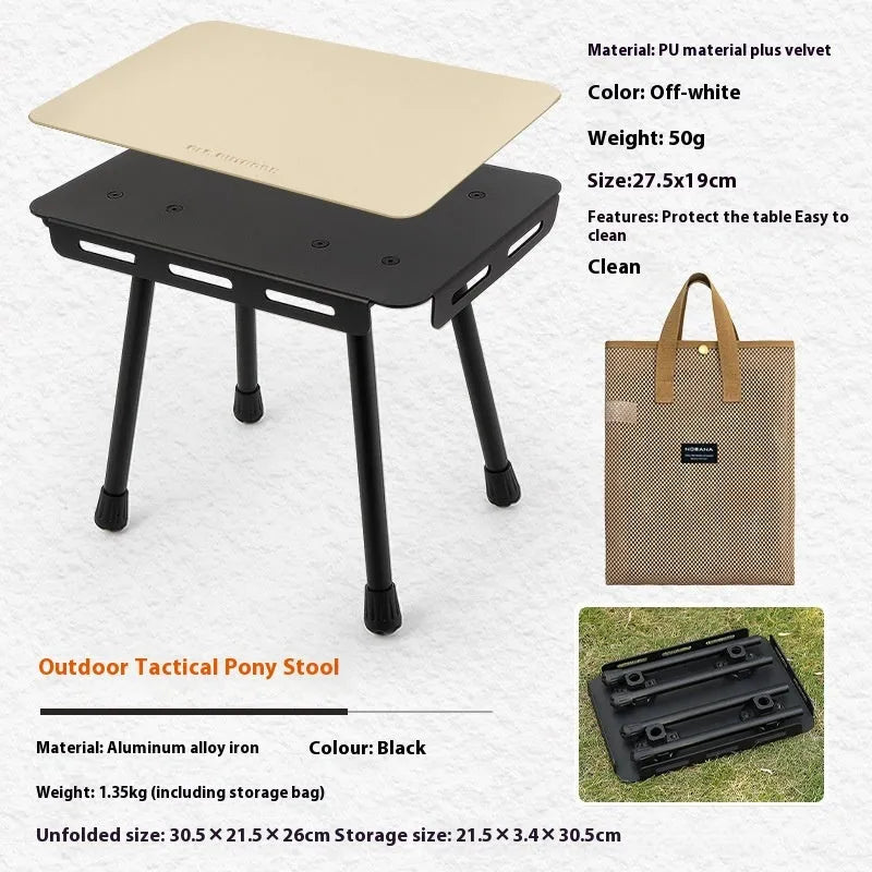CLS aluminium dual-use folding camping stool shown extended as a table and folded with its carry bag.