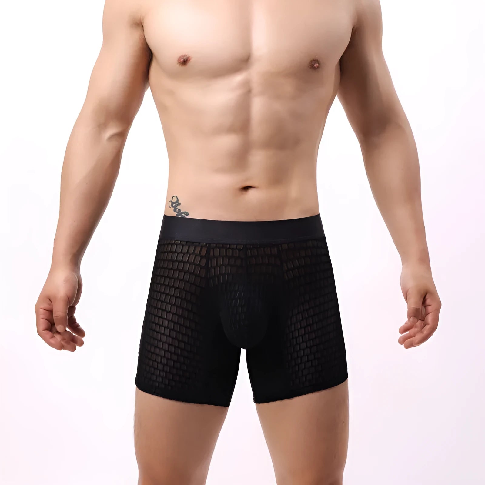 Men's lace mesh boxer shorts in geometric pattern with low waist design in five colour options