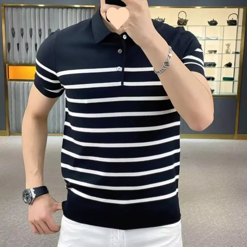 Man wearing a black and white striped knitted T-shirt with a lapel collar, casual style.
