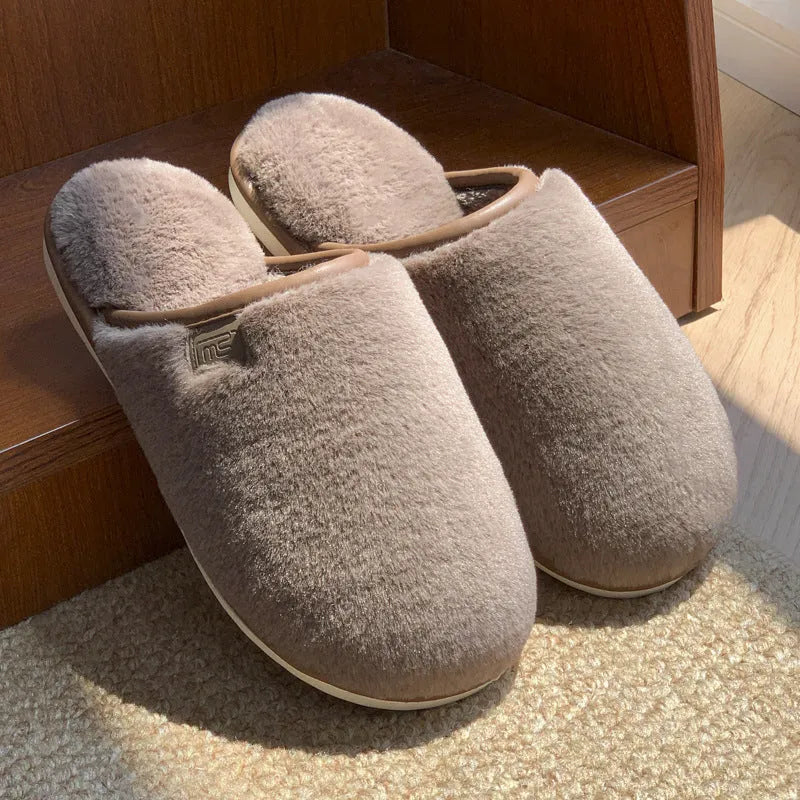 Winter plush slippers with PVC non-slip sole in blue, brown, coffee, pink and white solid colours