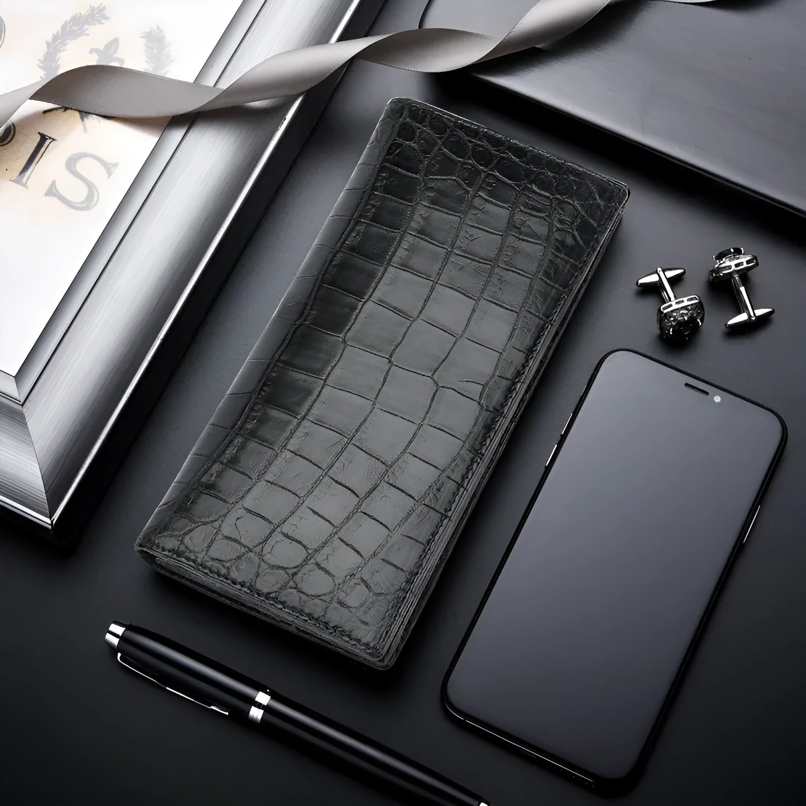 Black genuine cowhide leather business bifold wallet with card slots, ID window, and coin pocket