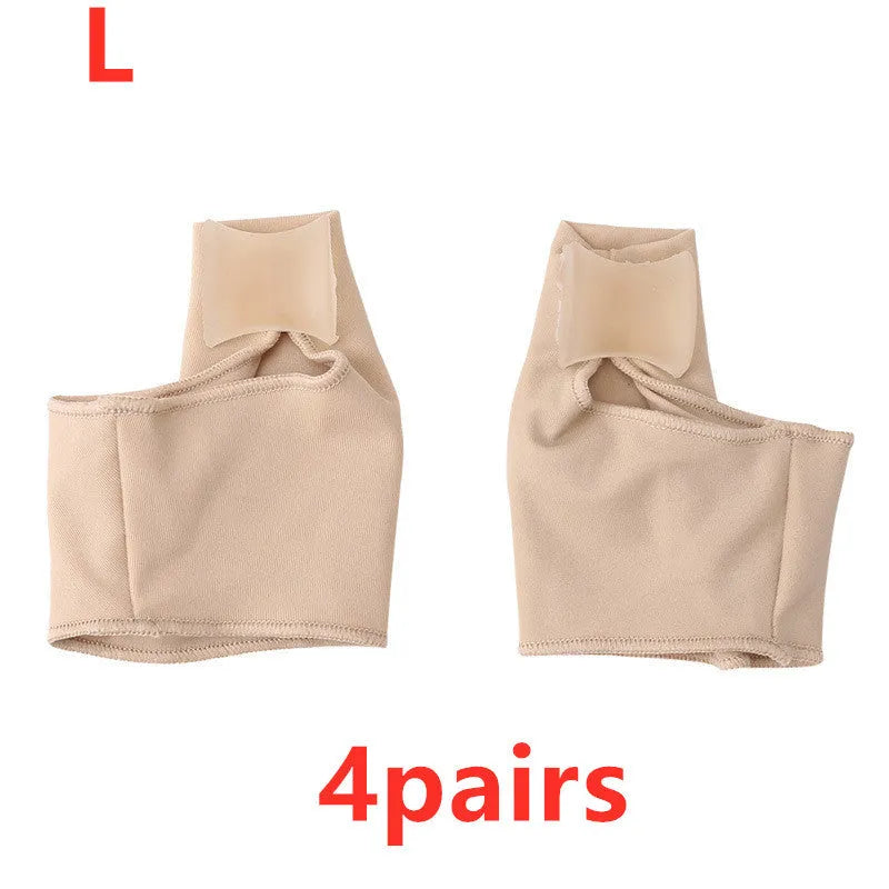 Pair of stretchable corrective socks with a visible gel bunion pad and silicone toe separator.