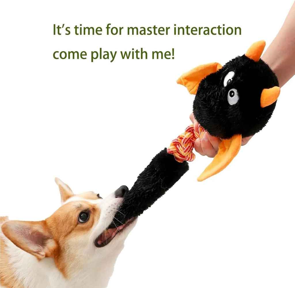 Large plush dog toy with squeaker and rattle in black, green, or red colours, measuring 44cm long