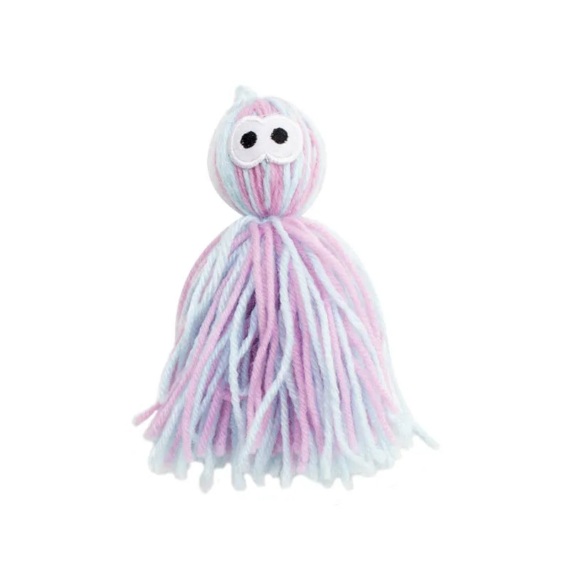 Hanging cat toy with wool ball and teaser stick in multiple colour options