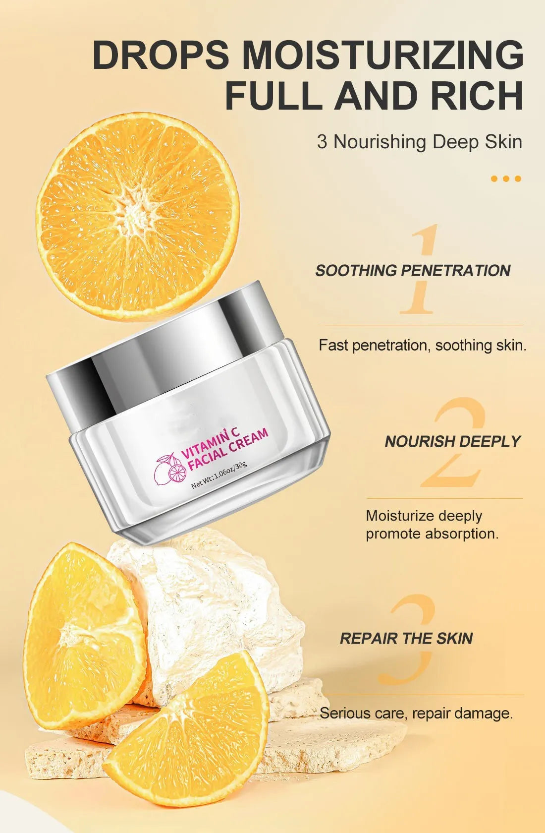 30g Vitamin C face cream pot for universal skin types, showing product dimensions.