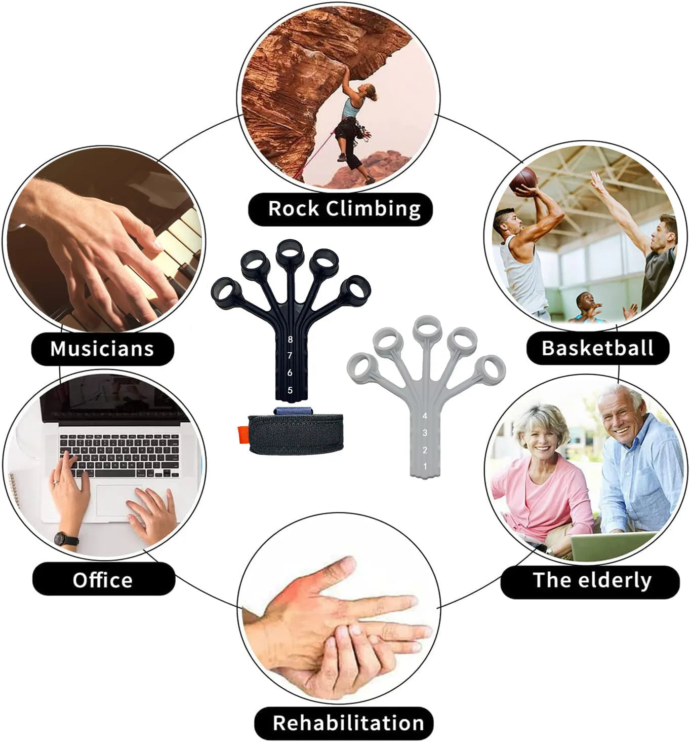 Black and grey silicone finger flexion extension trainer with adjusting belt
