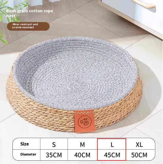 Rattan cat bed with natural open weave construction in four available sizes