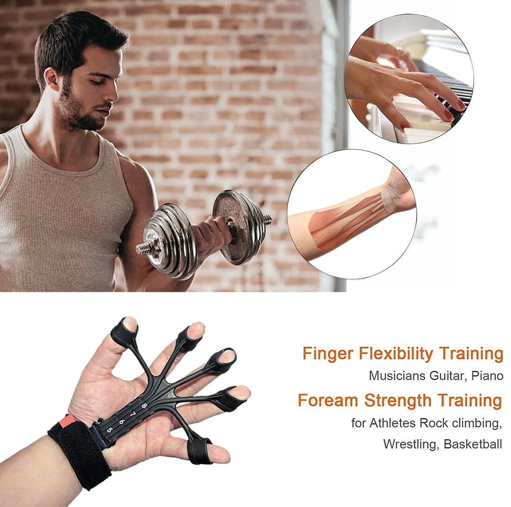 Black and grey silicone finger flexion extension trainer with adjusting belt