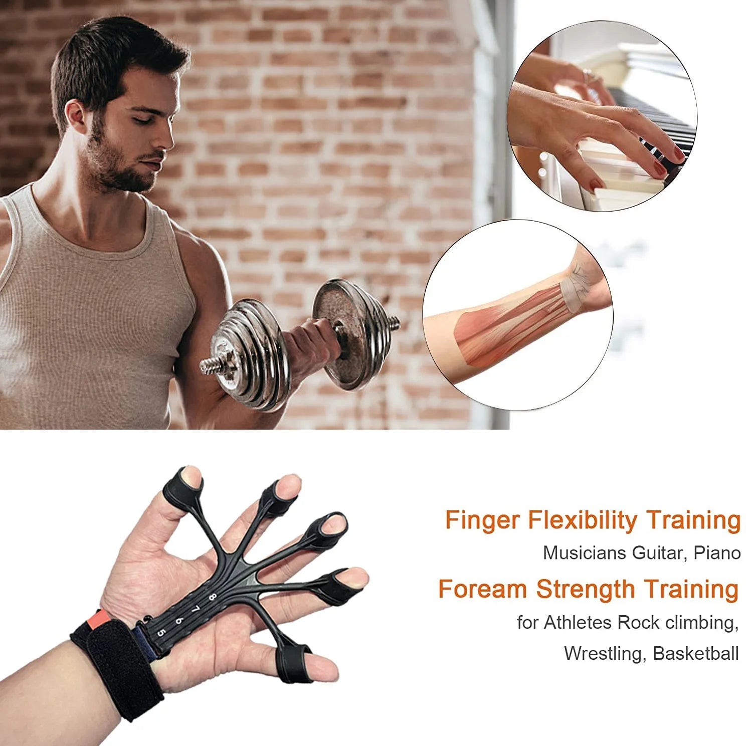 Black and grey silicone finger flexion extension trainer with adjusting belt