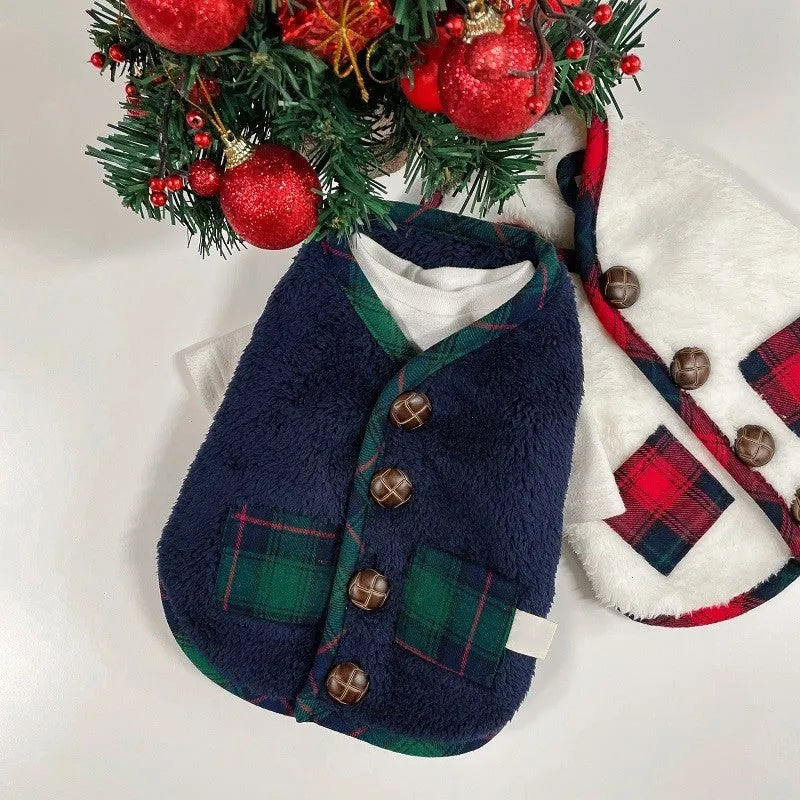 Small pet wearing a red and navy checkered fleece jacket with Sherpa lining, white scarf, and decorative buttons.