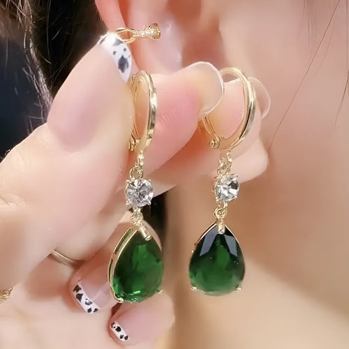 Green geometric teardrop alloy earrings with non-piercing design