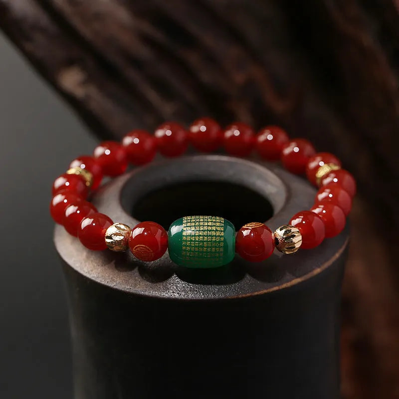 Red agate Guanyin bracelet with edge rosary design and auspicious patterns
