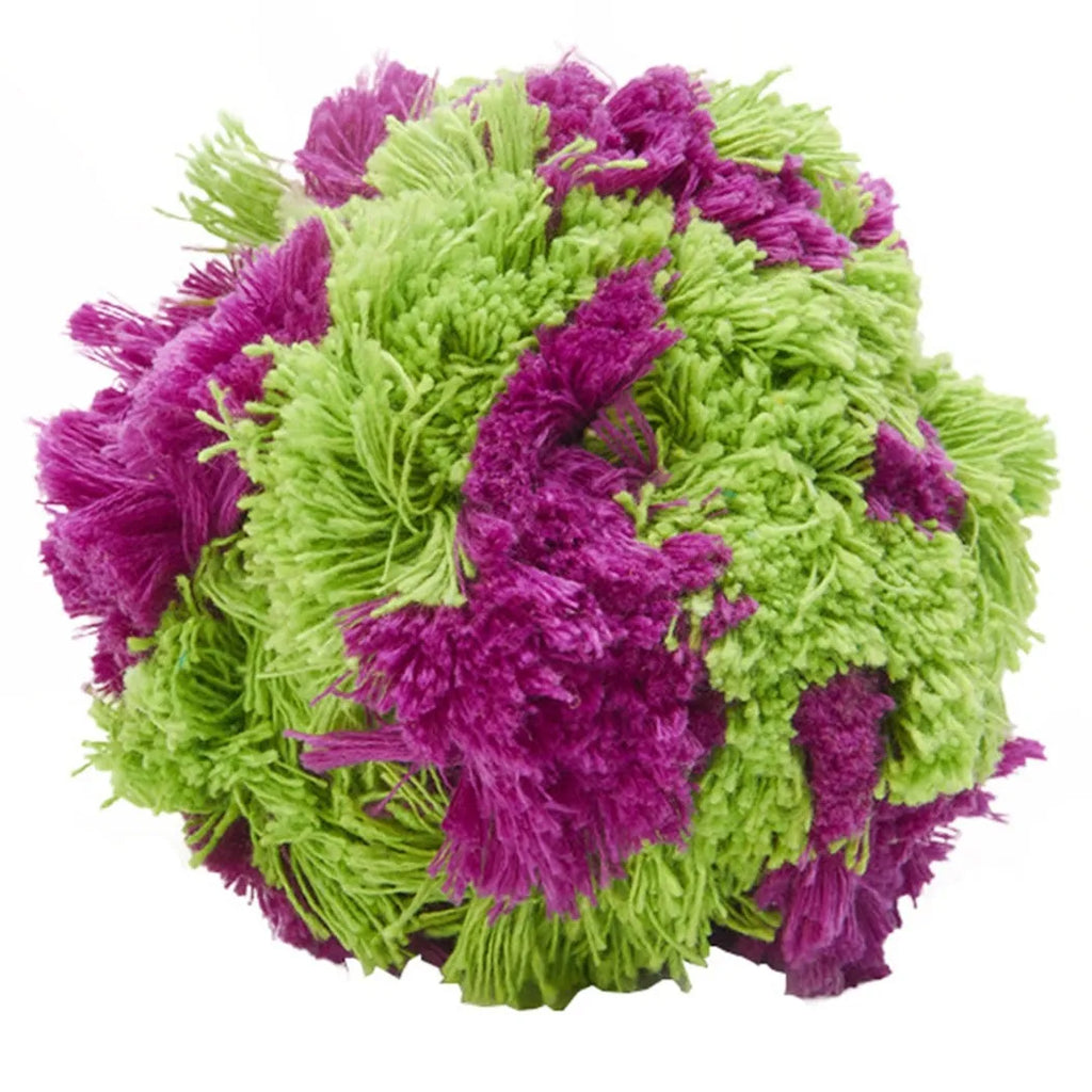 Purple plush dog seaweed ball toy with knotted design for chewing and fetch games