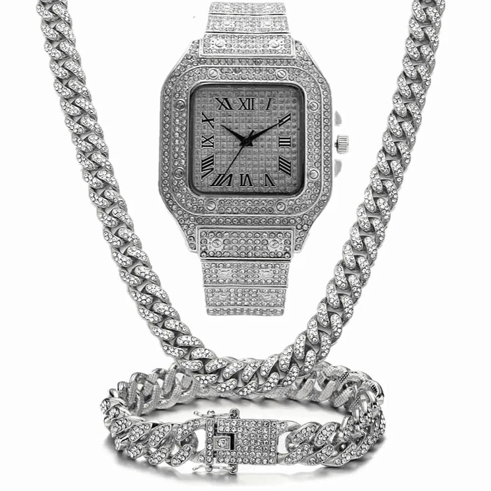 Roman grain graduation quartz watch set with square dial, diamond studs and black mesh band