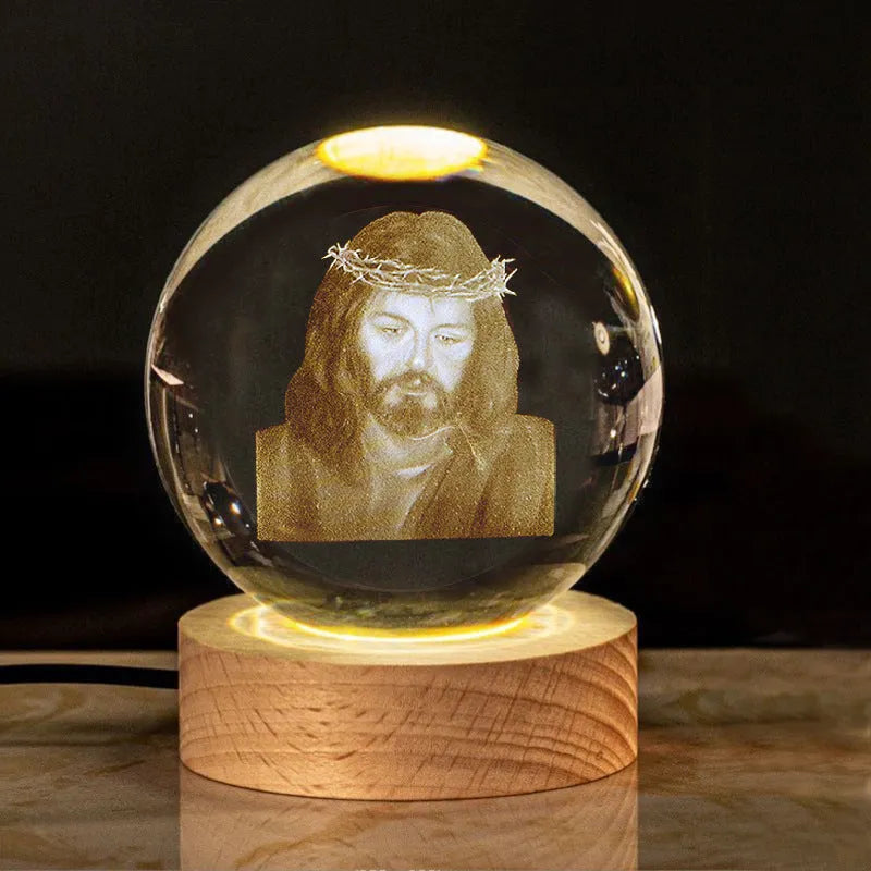 White crystal lamp with 6cm diameter ball on solid wood warm light base for church office decoration