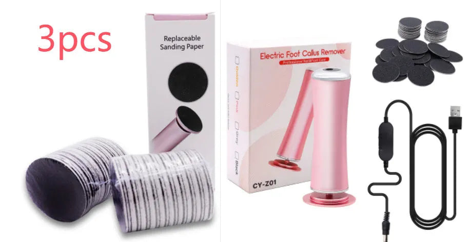Electric foot callus remover with sandpaper disc attached for removing dead skin and calluses from heels