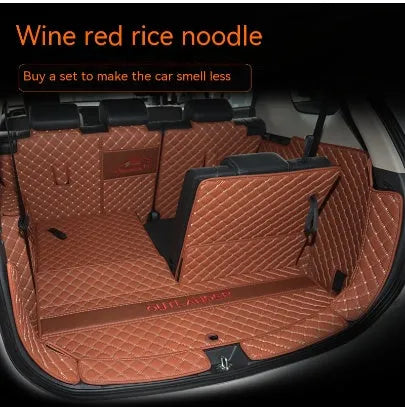 Mitsubishi Outlander 3D boot liner with high edges in a wine red colour with contrasting beige lines.