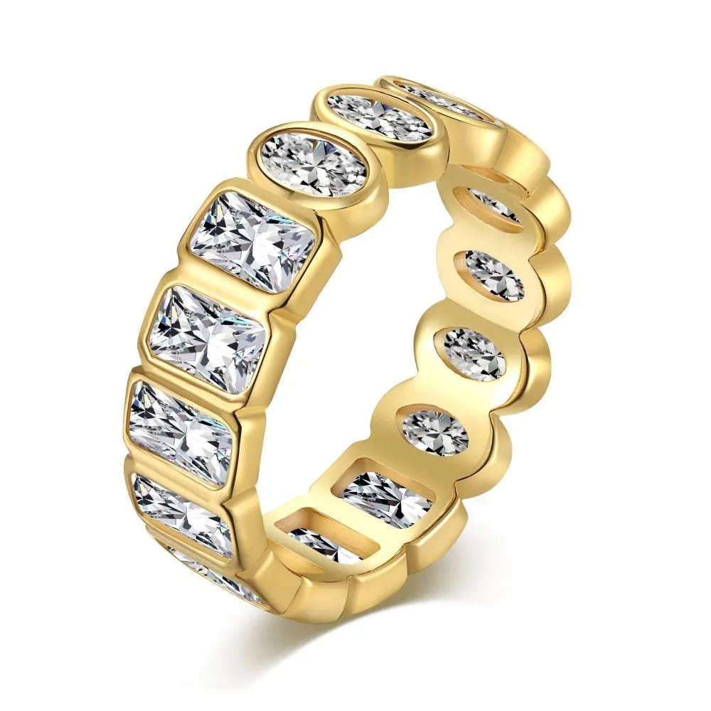S925 sterling silver geometric stackable ring with full diamond oval and rectangular pattern on white background
