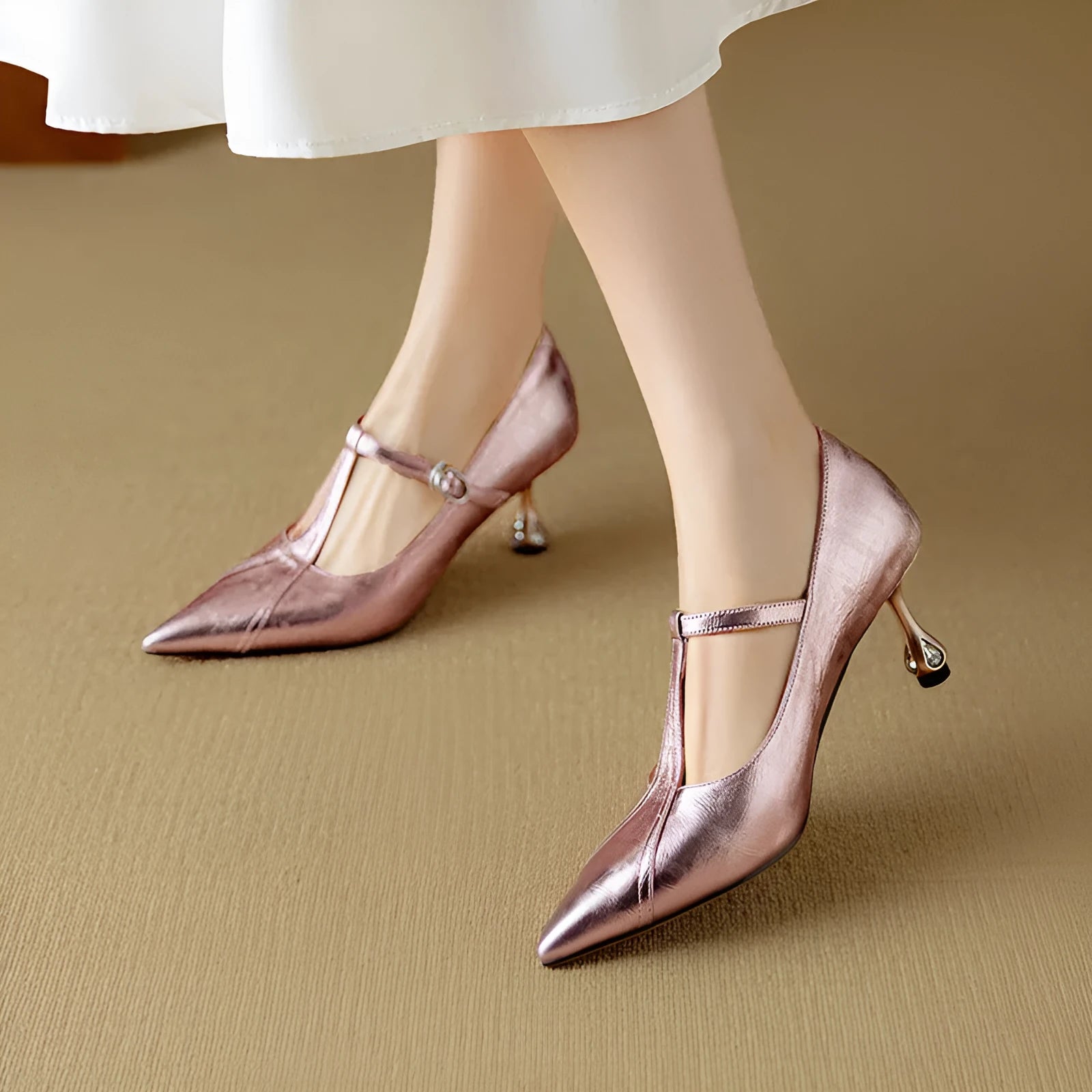 Women's genuine leather Mary Jane shoes with chunky mid heel in gun colour and pink