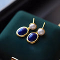 Natural lapis lazuli pearl earrings crafted from 925 sterling silver with auspicious pattern details