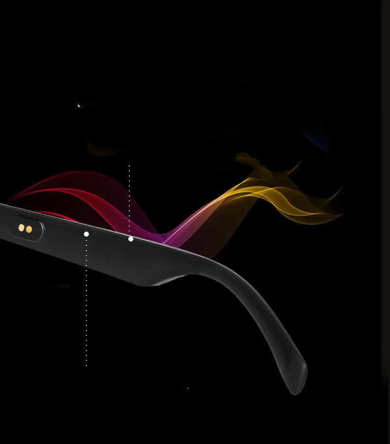 Smart glasses with tinted lenses featuring semi-open ear speakers and a Bluetooth microphone on the frame.