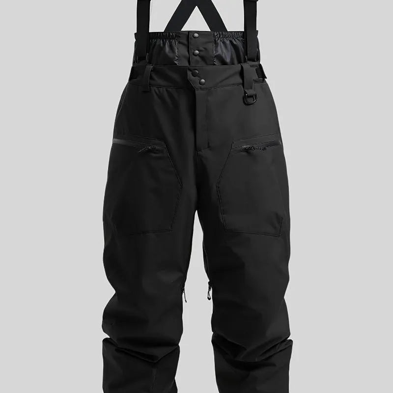 Men's black waterproof ski trousers with adjustable belt straps made from thick linen fabric.