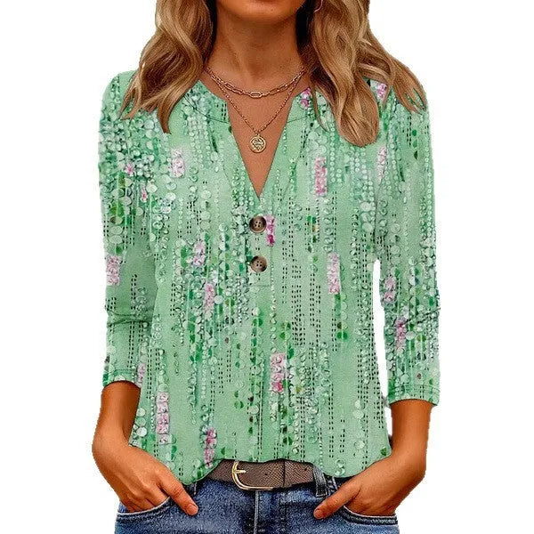 Women's casual V-neck top with 3D printed pattern in loose Japanese Korean style