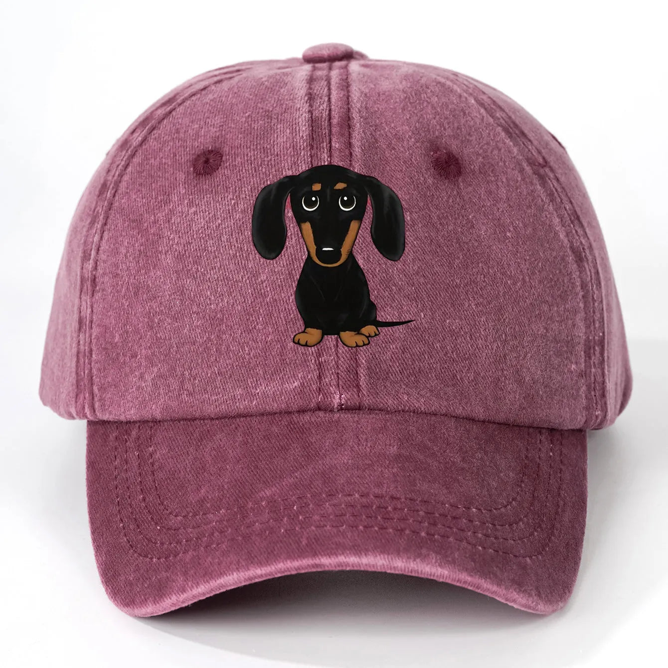 Retro washed cotton baseball cap with embroidered Dachshund design in dome crown style