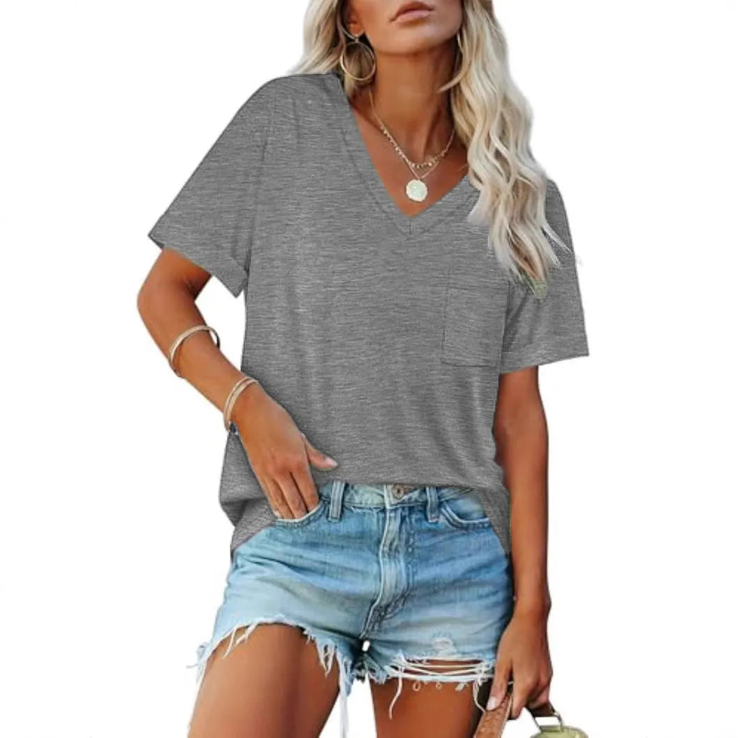 Grey loose V-neck T-shirt with front pocket, short sleeves, casual styling