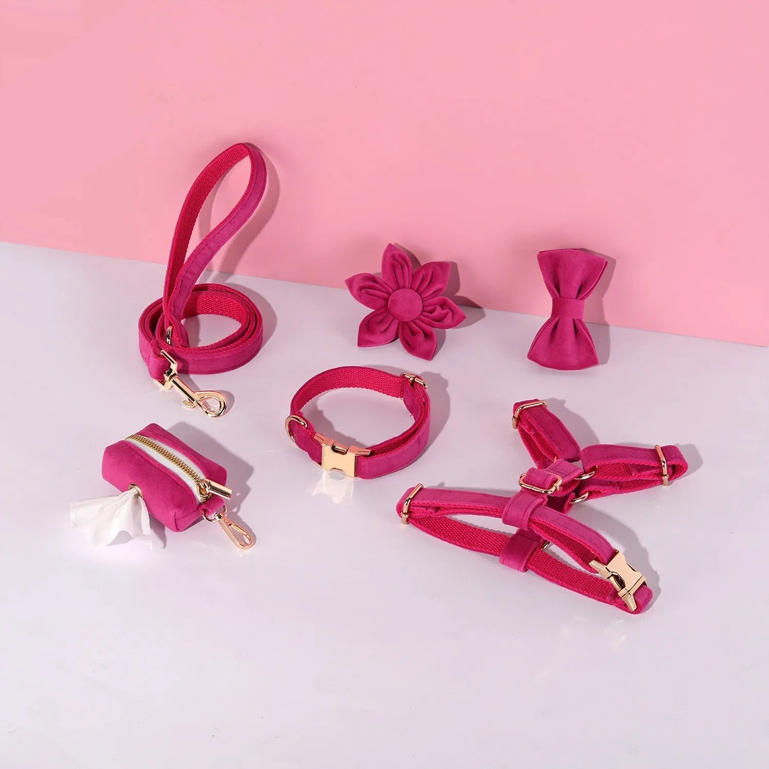Classic velvet dog collar and matching traction rope set with bow tie and flower decoration.
