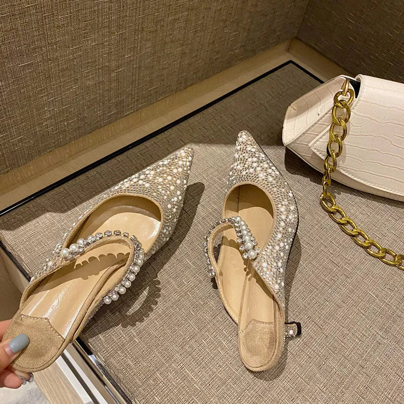 Spring new women's stiletto heel slippers in Korean style, pointed toe, apricot colour