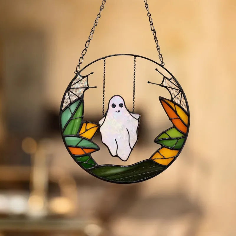 Halloween witch metal pendant with skull chain details, 20cm diameter, retro style
