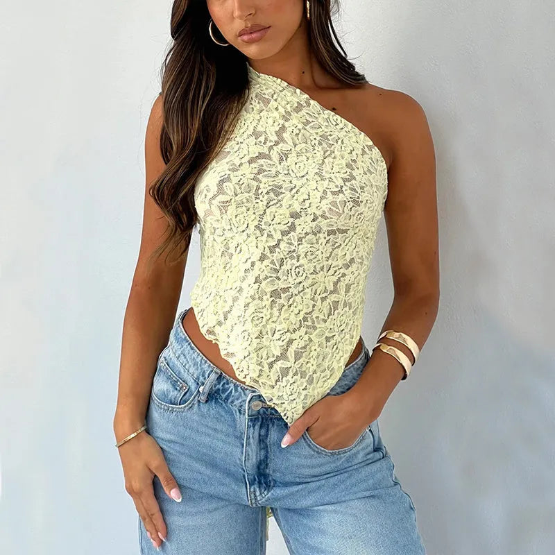 Women's lace backless sleeveless polyester vest top with asymmetrical neckline in solid colour