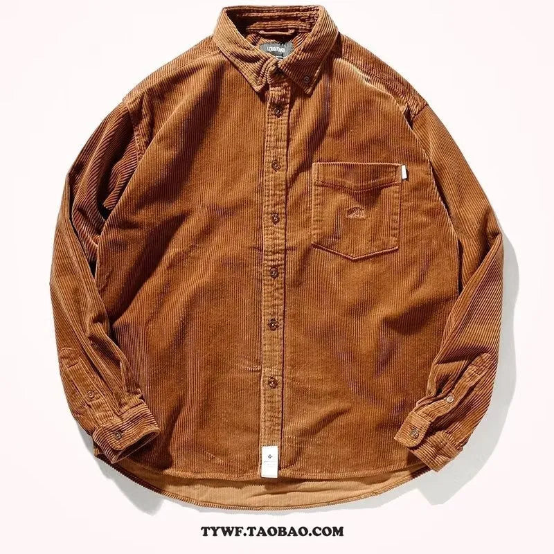 Men's caramel corduroy loose fit cardigan-style long sleeve shirt shown on hanger