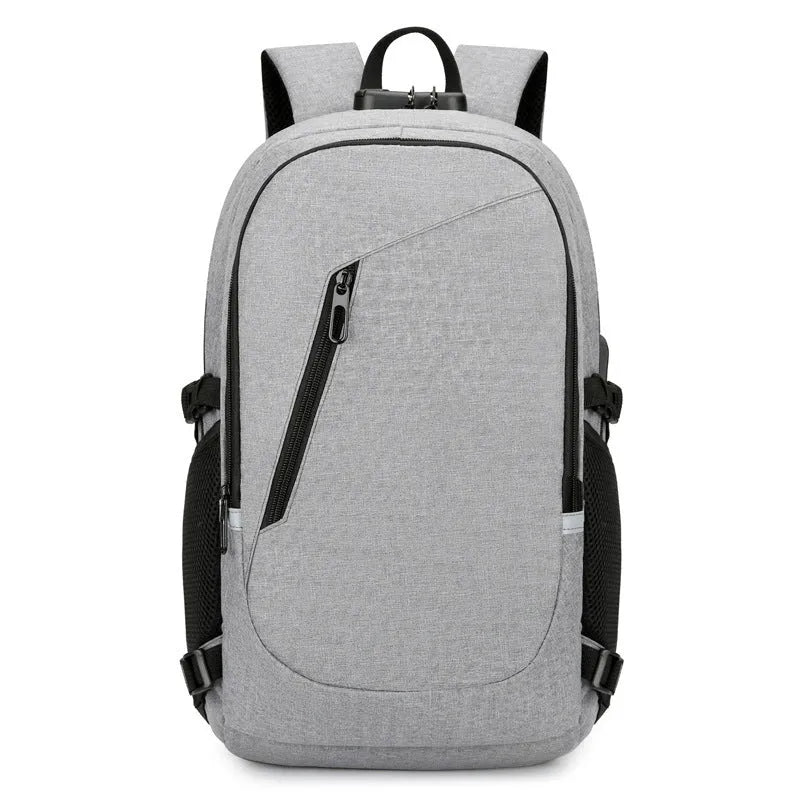Blue Oxford cloth computer backpack with front pocket, shown next to grey and black colour options.