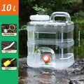 White plastic square outdoor water bucket with faucet, 10L size, on a camping table