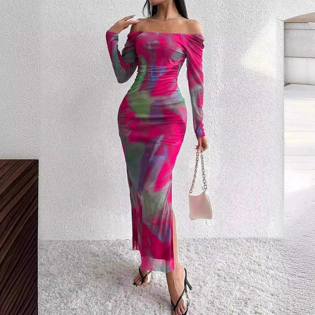 Women's green printed pleated mesh fishtail dress with a square collar and side split.