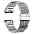 Stainless steel Garmin Fenix watch strap with integrated card slot in silver colour.