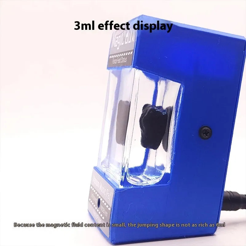 Magnetic fluid music visualisation light with black fluid and white LED, wooden shell, 95x60x63mm