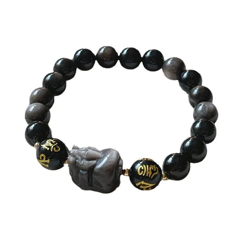 Men's silver stone bracelet with zodiac beads and engraved proverbs in Chinese style