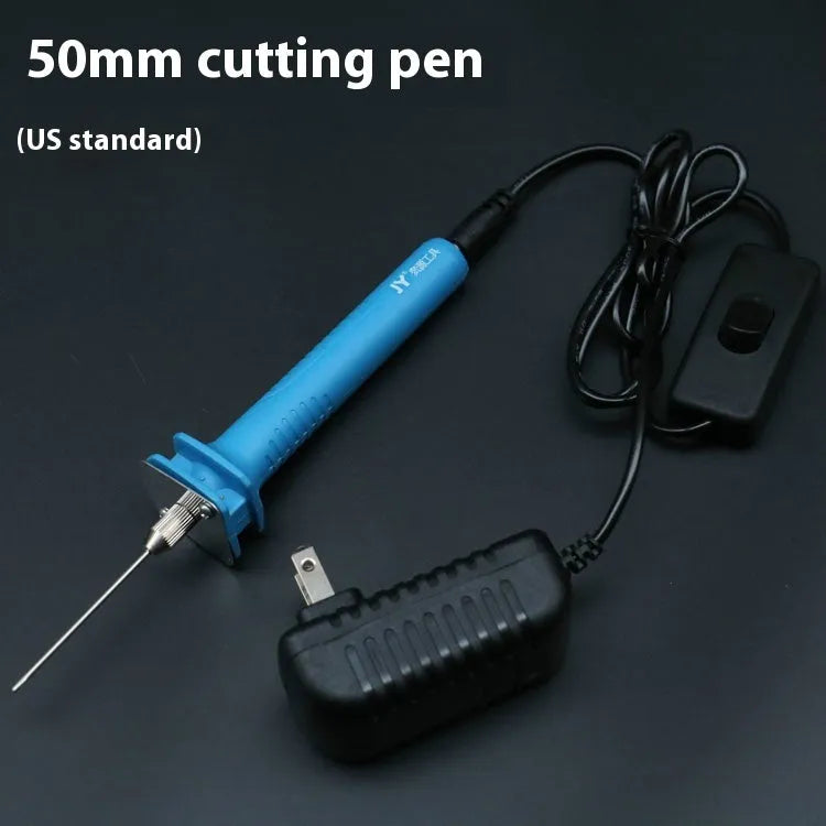 Blue electric heating foam cutter pen with plastic handle and long metal blade on a workbench.