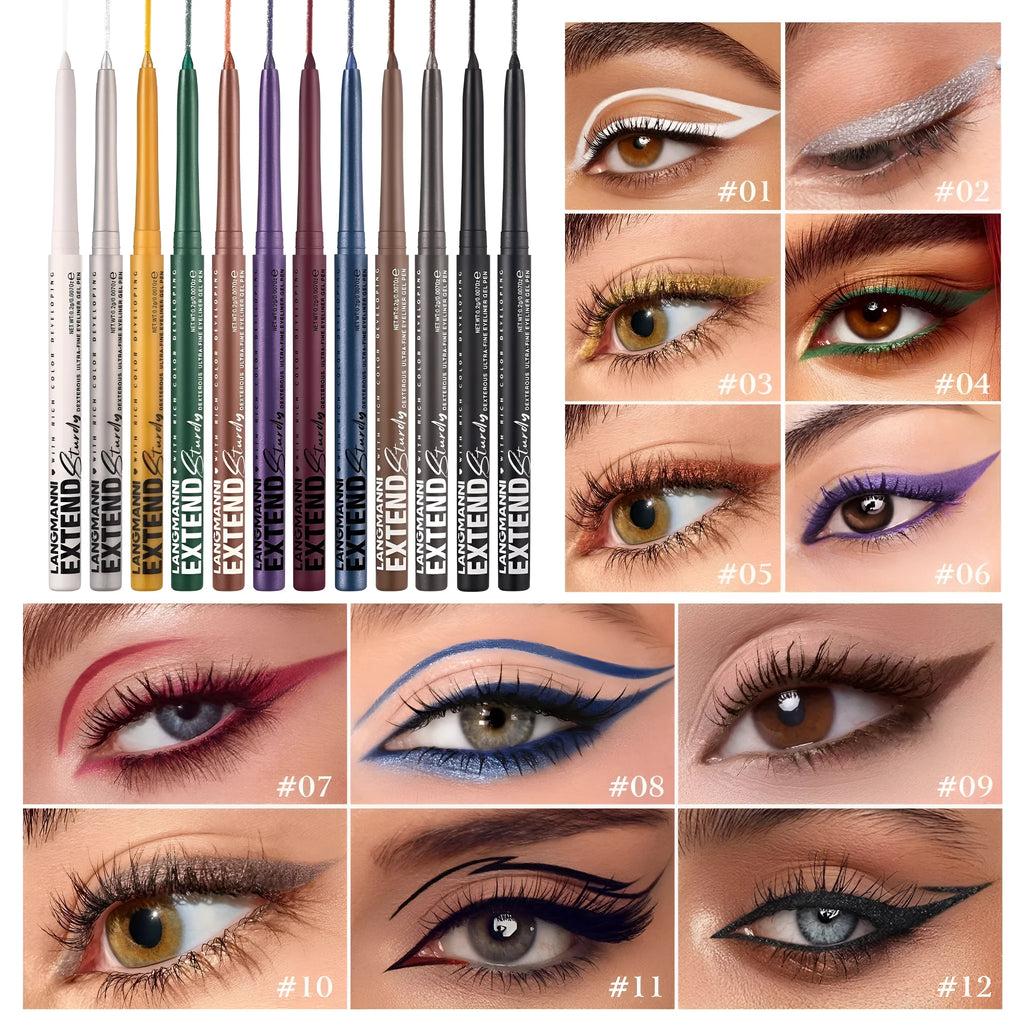 Set of 12 colourful gel glitter eyeliner pencils for waterproof party and Halloween makeup