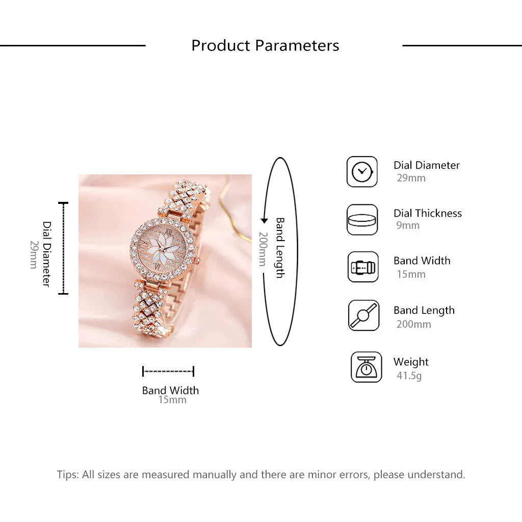 Diamond-embedded starry sky flower disk bracelet watch set for women rose gold 7mm quartz