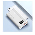 Black and white plastic power bank showing dimensions of 150 by 76 millimetres