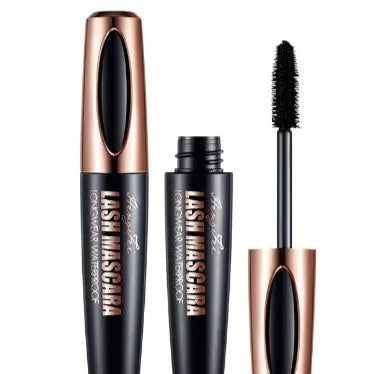 Black waterproof and sweat-proof mascara tube for long curling lashes.