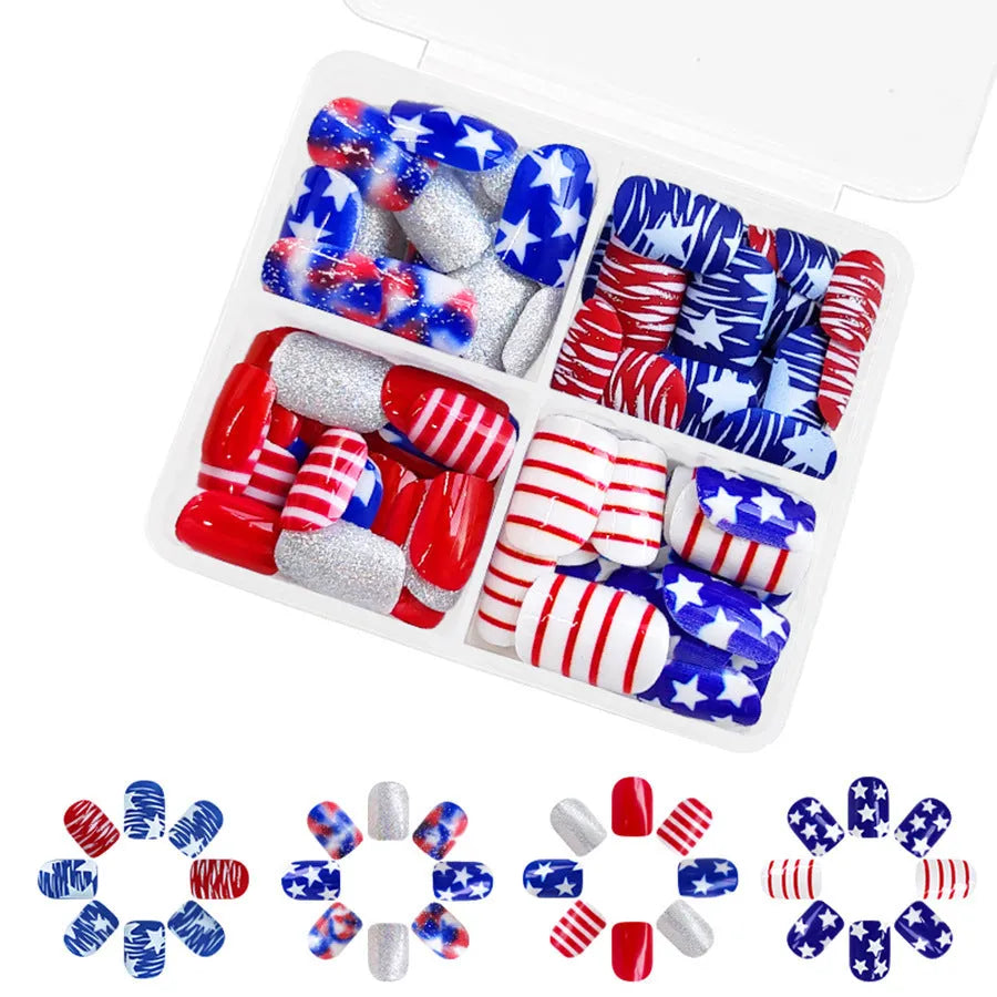 Red and blue multicolor glitter nail tips with European Square short length design