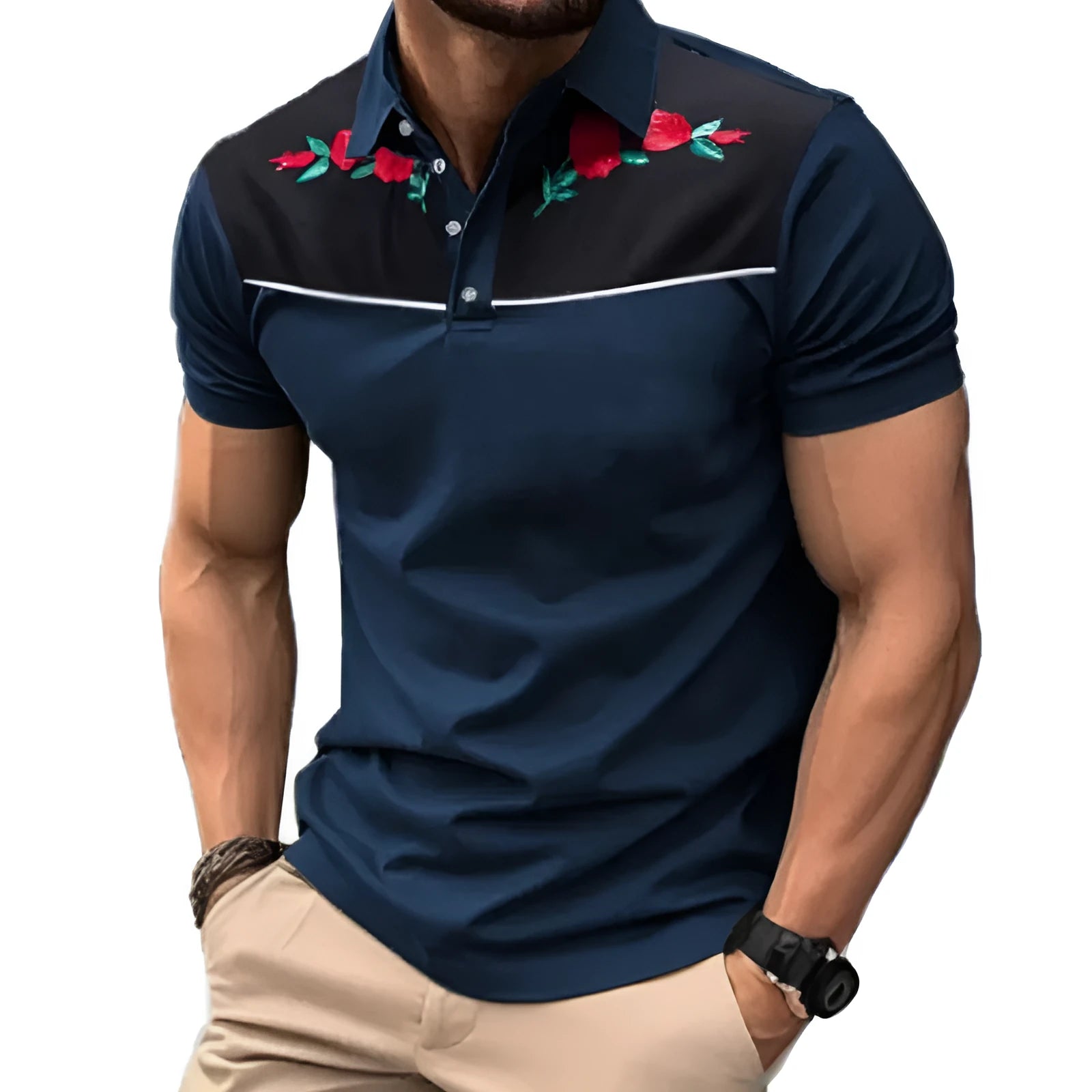 Men's short sleeve polo shirt in polyester mesh fabric with zip decorations, shown in picture colour