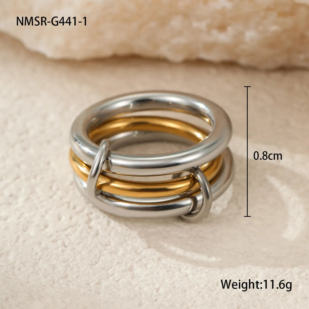 Stacked stainless steel ring with 18K gold plating in three colour variants for women's hand jewellery