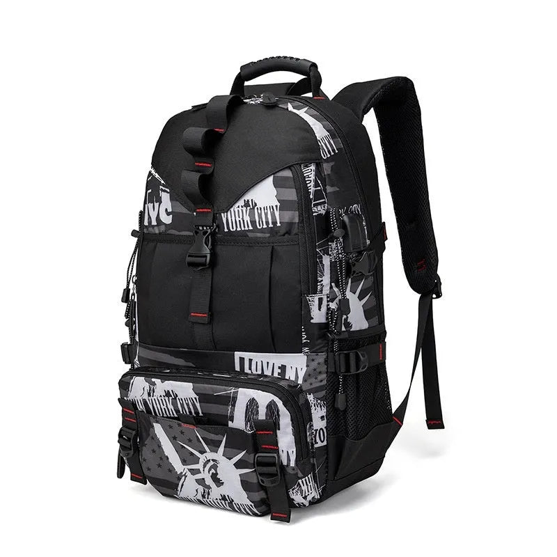 Men's large black waterproof Oxford cloth hiking backpack with padded straps and multiple compartments.