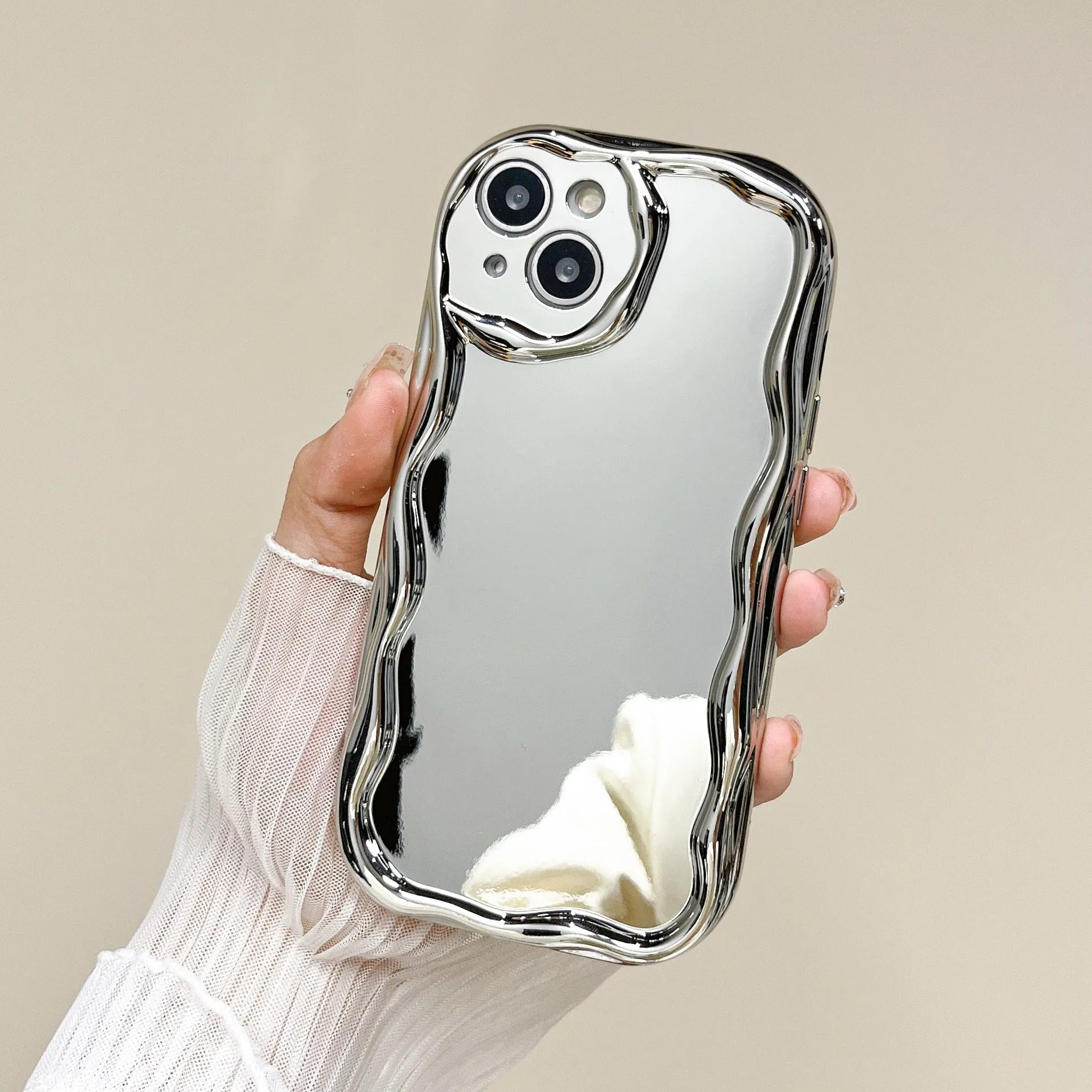 Silver electroplated cream grain silicone phone case for iPhone 13 with fall protection
